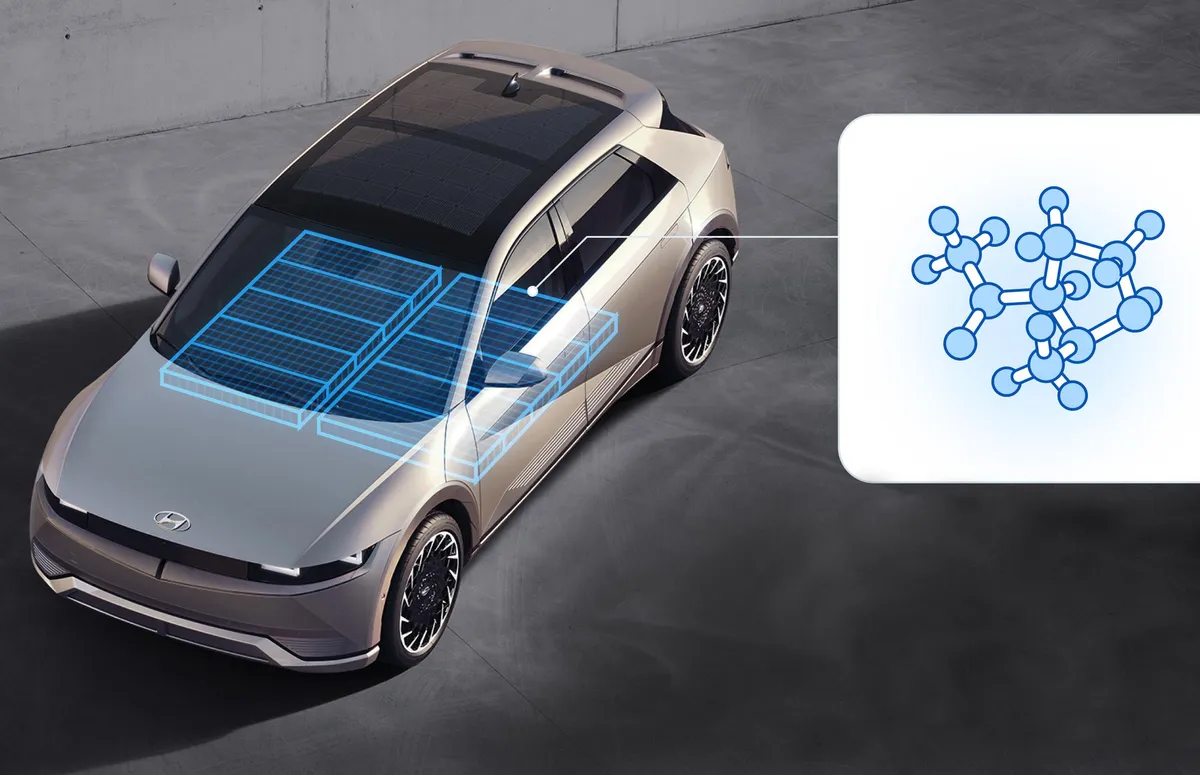 a-tan-car-with-a-hyundai-logo-overlayed-is-a-rendering-of-lithium-air-batteries-with-a-call-out-showing-a-rendering-of-a-molecu